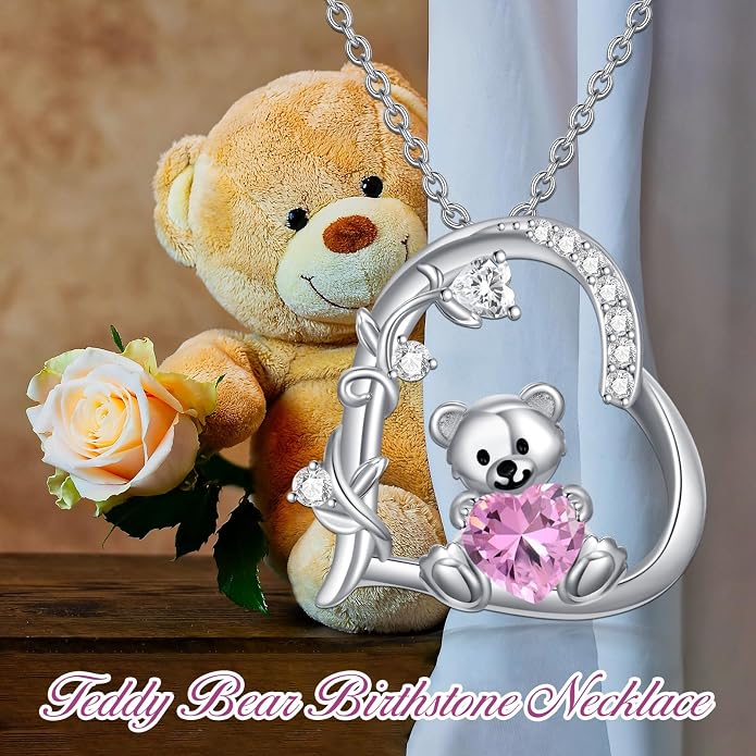 PELOVNY Teddy Bear Necklace for Women 925 Sterling Silver Bear/Highland Cow/Fox/Cat/Axolotl Birthstone Necklace Christmas Birthday Jewelry Gifts for Mom Daughter Wife Sister