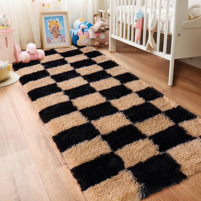 Pionblank Checkered Rug for Bedroom 2x6, Modern Fluffy Runner Rugs for Living Room, Super Soft Shaggy Bedside Carpet for Kids Room Nursery Teens Dorm Decor, Black and Beige