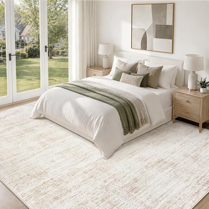 9x12 Area Rugs for Living Room Washable Rugs Neutral Abstract Large Rug Soft Modern Carpet Non-Slip Stain Resistant Low Pile Rug for Bedroom Dining Room Nursery Home Office Under Table Area Rug Beige