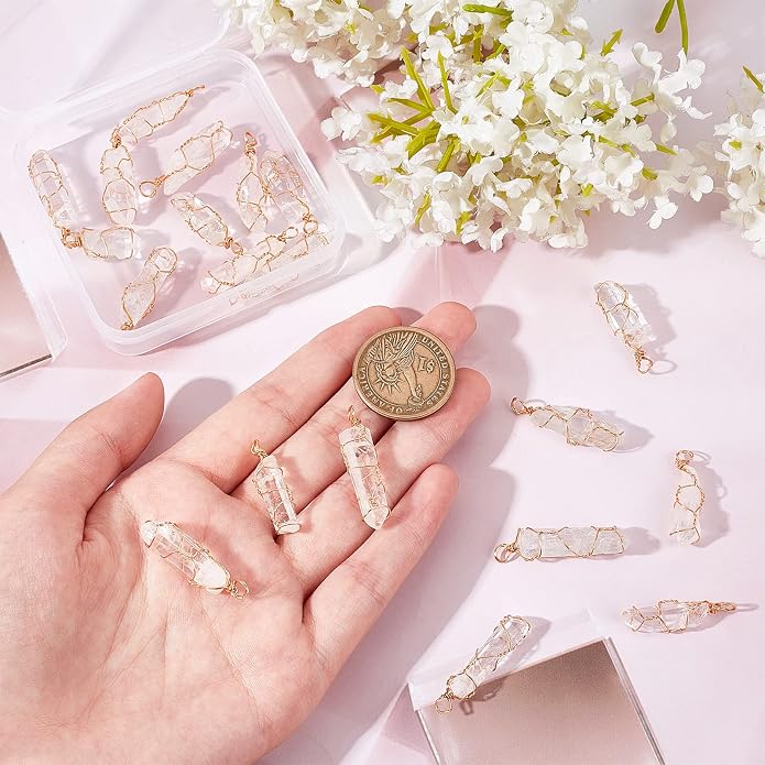FINGERINSPIRE 20 Pcs Natural Quartz Crystal Pendant Gold Plated Wire Wrapped Quartz Clear Crystal Gemstone Pendant without Chain Irregularly Stones Pendant for Necklaces Earrings Jewelry Making