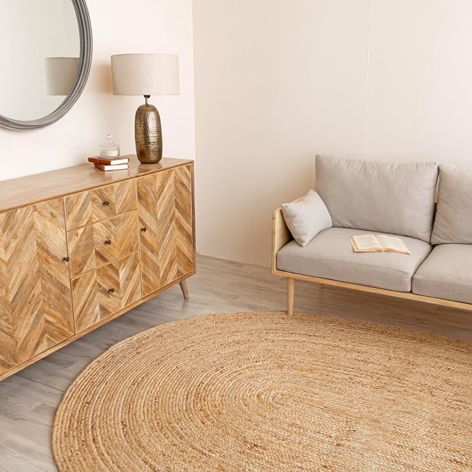HOMEMONDE Reversible Oval Jute Area Rug - 5 x 8 ft Hand Woven Natural Fiber - Farmhouse Braided Rugs for Dining Room/Hallway/Office/Kitchen/Bedroom (Natural)