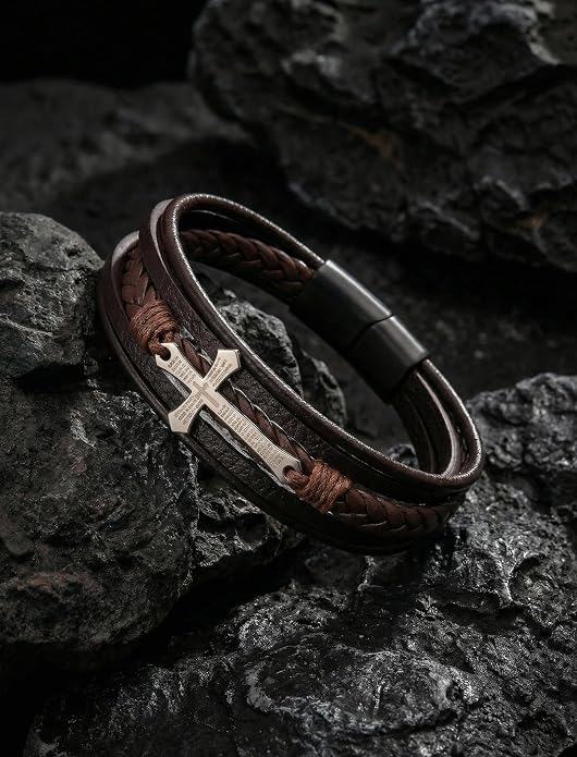 Mens Leather Cross Bracelet Multilayer Braided Wristband Bangle Bracelets with Stainless Steel Buckle Religious Gift for Men Brown/Black/Blue–8.3 inch