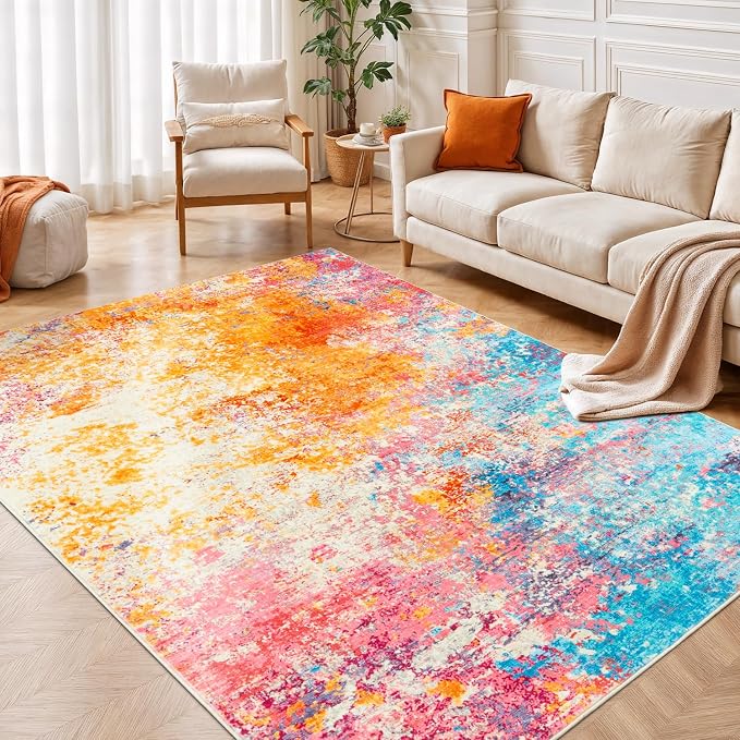 Rugflix 5x8 Area Rugs for Living Room, Washable Colorful Rainbow Rug Stain-Resistant Low Pile, Large Carpet Non-Slip for Kids Girls Room Nursery Bedroom Home Office