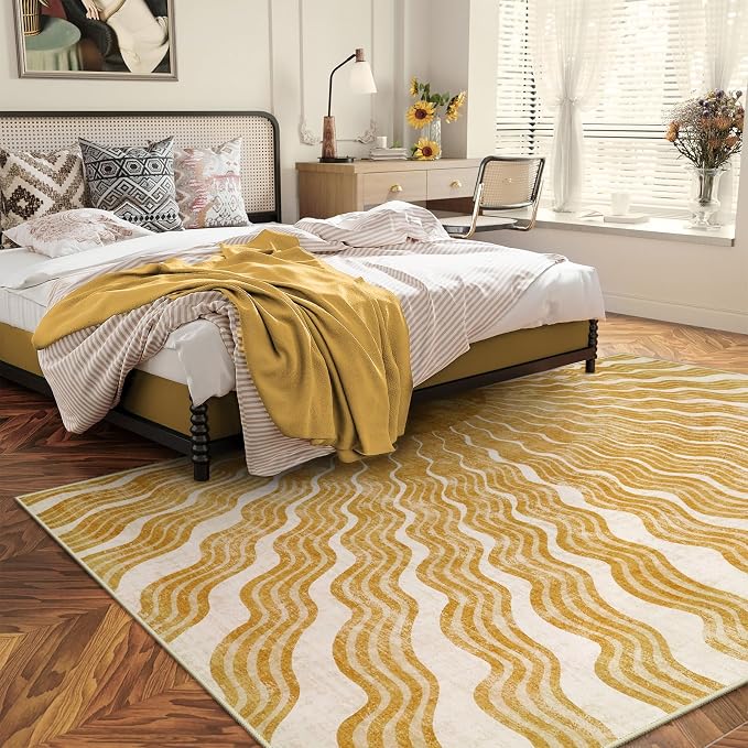 Hedlive Boho Machine Washable Rug 6x9, Sun Print Soft 6x9 Nursery Rug for Bedroom Classroom, Ultra-Thin Non Slip Kids Large Carpet for Living Room Playroom Office(6'x9',Gold/Multi)
