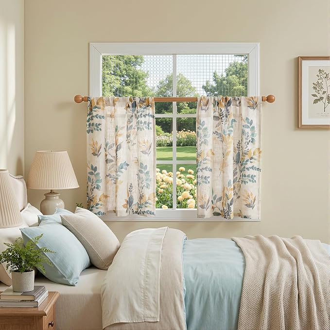 MYSKY HOME Linen Kitchen Tier Cafe Patterned Curtains 24 Inch Length 2 Panels Farmhouse Semi Sheer Privacy Small Window Treatments Rod Pocket for Bathroom Basement, Yellow and Blue, 30" Each Panel
