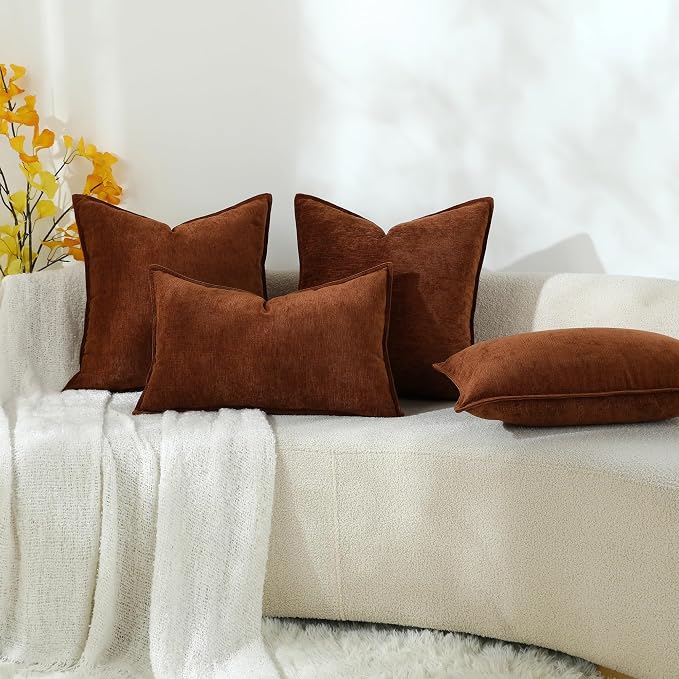 Stellhome Pack of 2 Soft Textured Throw Decorative Pillow Covers Square Accent Solid Chenille Cushion Cover Cozy Farmhouse Pillow Case for Couch Sofa Bedroom Living Room 26x26 Inch, Mocha Brown
