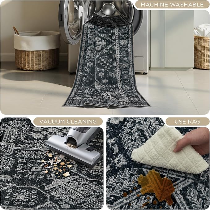 Joydeco 8x10 Area Rugs for Living Room, Non Slip Machine Washable Vintage Rug, Low Pile Thin Chenille Print Rugs for Bedroom, Dining Room, Pet & Child Friendly, Home Office, Dark Gray&Light Gray&Black