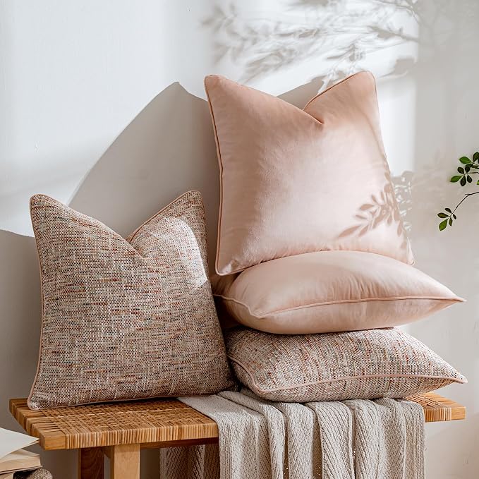 a moment Light Pink 4 Pack Throw Pillow Covers - Chenille & Velvet Set with Piping, Farmhouse Textured Design Pillow Cases for Couch Sofa Bed Livingroom (20x20 Inch, No Insert)
