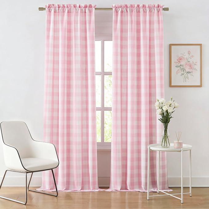 Pink White Buffalo Plaid Semi Sheer Curtains 90 Inches Length | Extra Long Girly Chic Panels,Pink Nursery Teen Room Decoration,Farmhouse Window Treatment,Rod Pocket,52"Wx90"L,Pack of 2