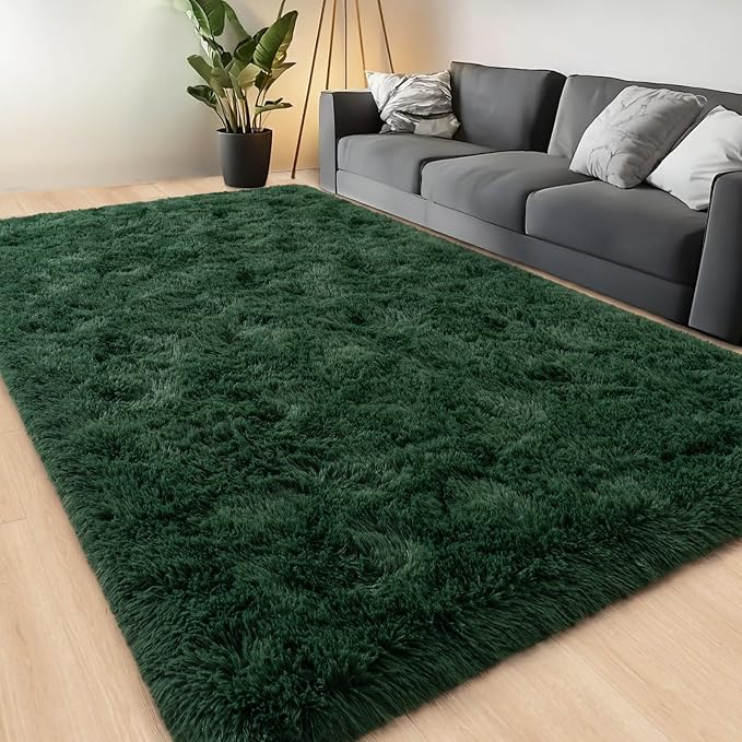 Large Area Rugs for Living Room Bedroom 8x10 Dark Green Shag Rugs | Ultra Soft Fluffy Shaggy Plush Fuzzy Modern Indoor Throw Floor Carpet for Kids Girls Boys Dorm Nursery Home Decor Aesthetic