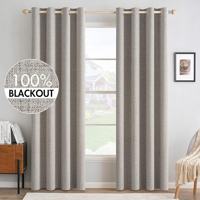 MIULEE 100% Blackout Linen Textured Curtains for Bedroom Solid Thermal Insulated Warm Taupe Grommet Room Darkening Curtains & Drapes Luxury Decor for Living Room 52 x 96 Inch (2 Panels)