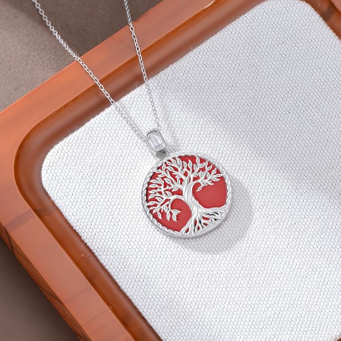 Tree of Life Moissanite Necklace, 925 Sterling Silver 0.5 Carat Moissanite Abalone Shell/Opal/Black Onyx/Turquoise/Malachite/Tiger Eye Stone Tree of Life Pendant Necklaces Jewelry Gift for Women Mom