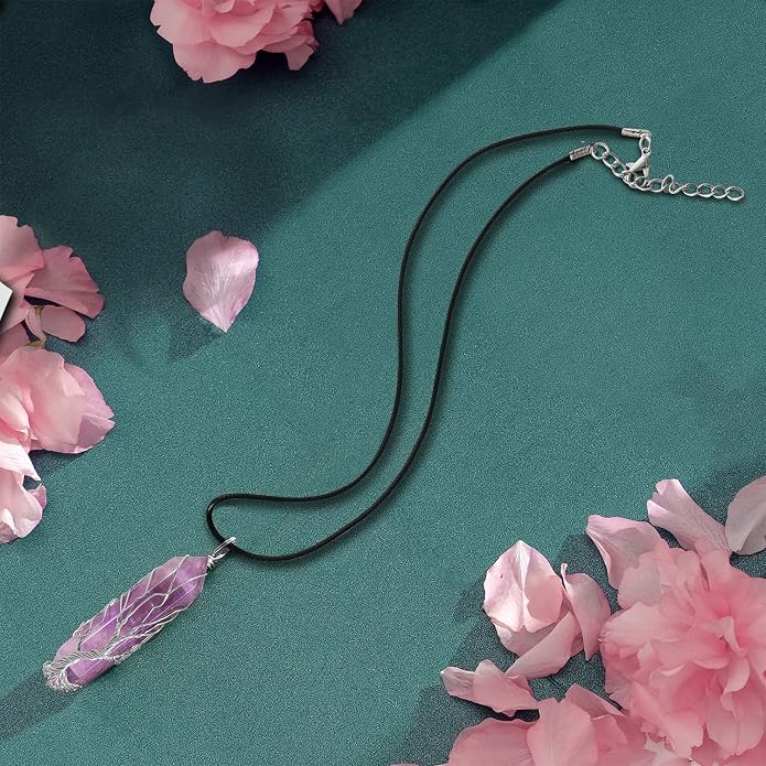 VIBILIA Healing Crystal Necklace Tree of Life Wire Wrapped Natural Stone Point Pendant Necklace Hexagonal Reiki Spiritual Quartz Gemstone Jewelry for Women Men