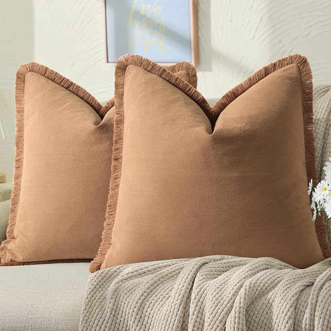ZWJD Pillow Covers 26x26 Set of 2 Camel Throw Pillow Covers with Fringe Chic Cotton Decorative Pillows Square Cushion Covers for Sofa Couch Bed Living Room Farmhouse Boho Decor