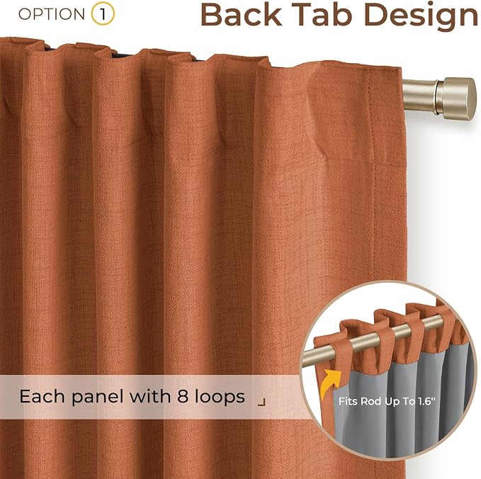 INOVADAY 100% Blackout Curtains 96 Inches Length 2 Panels Set, Back Tab/Rod Pocket Linen Black Out Curtains for Bedroom, Thermal Insulated Window Drapes - Burnt Orange, W50 X L96