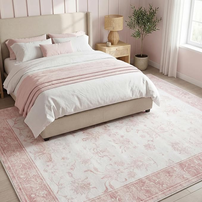 9'x12' Extra Large Vintage Rug, Washable Area Carpet for Home Office Farmhouse, 0.26" Low Pile Water Resistant Faux Wool Rug - Non-Slip Silicone Backing for Hardwood, Pink & White