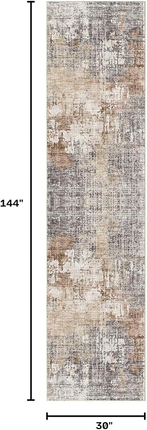 DMOYEST Washable Runner Rug for Hallway: 2.6x12 Neutral Modern Abstract Low Pile Area Rug with Non-Slip Backing - Carpet for Bedroom Kitchen Laundry Entryway Bathroom Indoor - Grey Brown
