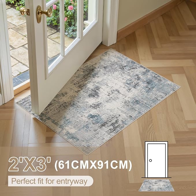 Abstract 2x3 Area Rug: Machine Washable Non Slip Ultra Thin Low-Pile Carpet, Soft Stain Resistant for Entryway Kitchen Bathroom, Kid Pet Friendly, Robot Vacuum Compatible - Grey Blue