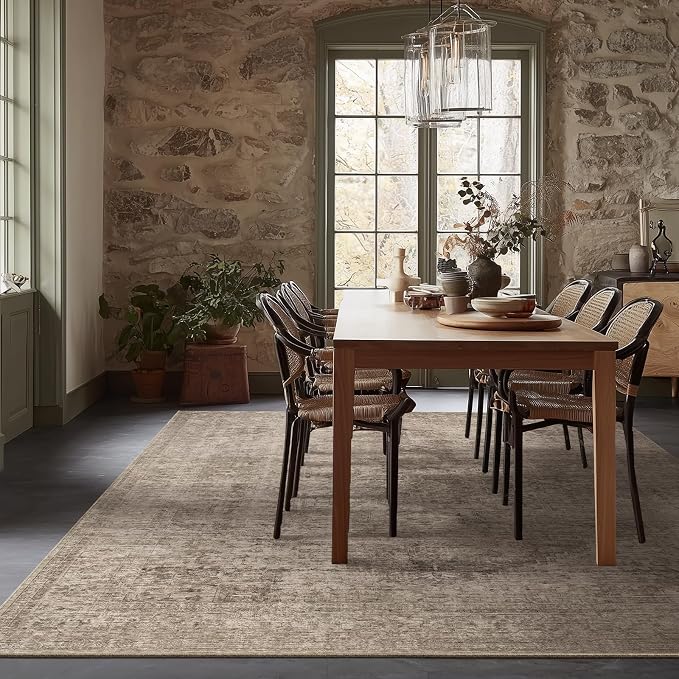 Machine Washable Rugs for Living Room: 8x10 Area Rugs for Bedroom Ultra Soft Non-Slip Low Pile Vintage Distress Boho Large Carpet for High-Traffic Dining Room - Farmhouse Decor