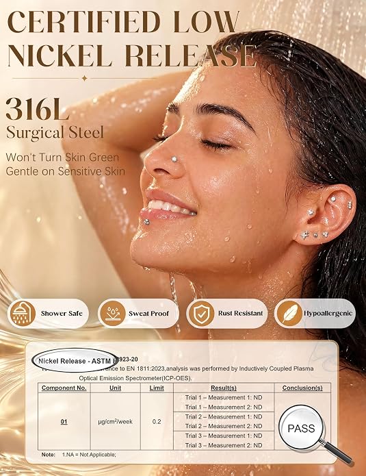 Drperfect 16G/18G Flat Back Stud Earrings for Women, Hypoallergenic Surgical Steel Gold Silver Plated Internal Thread Stud Piercing Jewelry for Tragus Helix Cartilage Conch Nose Lip Medusa Piercing