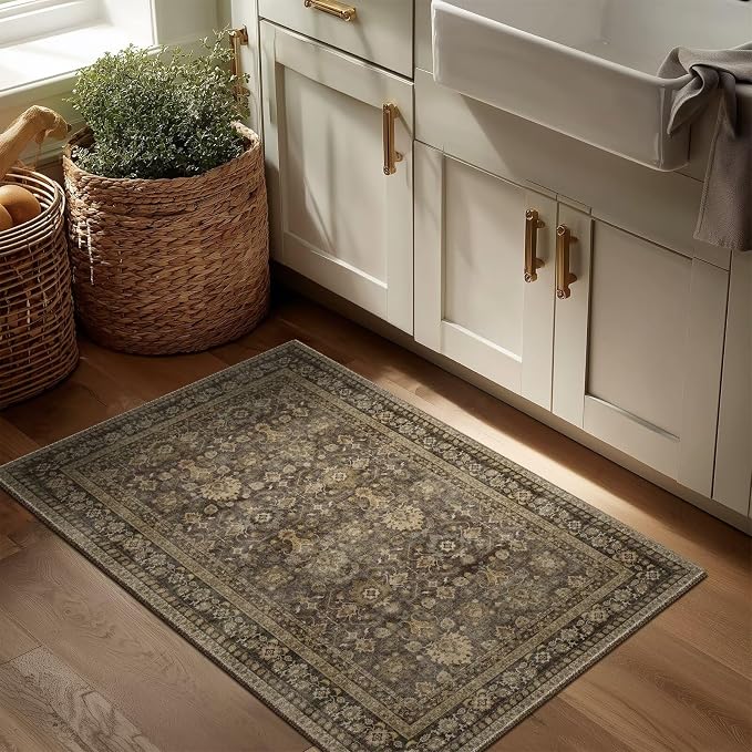 Washable 2x3 Entryway Rug, Boho Vintage Non-Slip Door Mat, Deep Brown | 0.3" Neutral Throw Small Rugs for Bedroom Kitchen Nursery Entrance, Cushioned for High-traffic Area