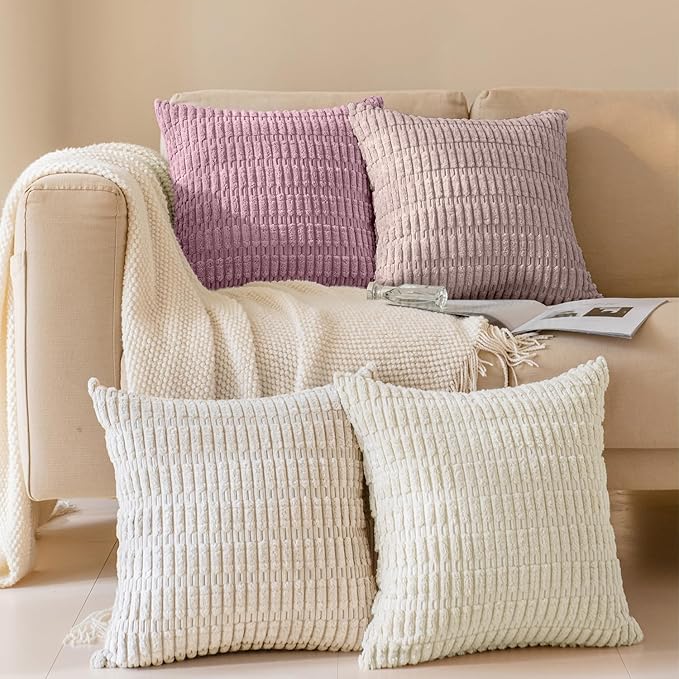 Softalker Throw Pillow Covers 16x16 Inch, Set of 4, Corduroy Soft Striped Farmhouse Boho Pillow Cover, Modern Decorative Cushion Pillow Case for Couch Sofa Bedroom Living Room, Light Pink
