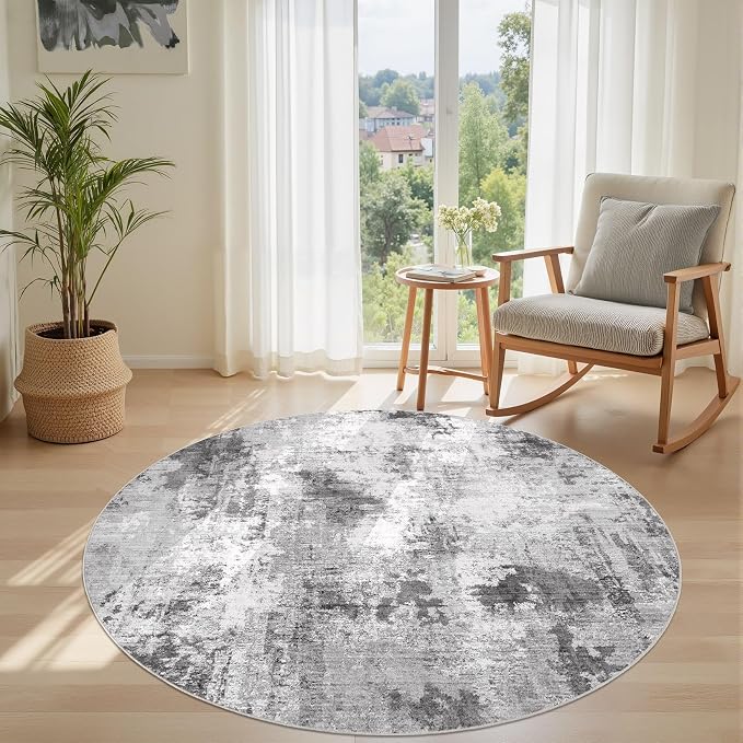 Abstract 5FT Round Rug: Machine Washable Non Slip Ultra Thin Low-Pile Carpet, Soft Stain Resistant for Living Room Bedroom Nursery, Kid Pet Friendly, Robot Vacuum Compatible - Grey