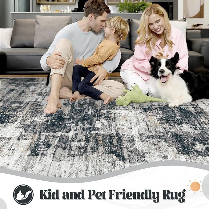 XLUEZ 10x14 Area Rugs for Living Room, Washable Modern Abstract Large Area Rug Neutral Soft Non Slip Kids Rug Stain Resistant Indoor Carpet for Bedroom Dining Room Playroom Office(BlackGrey, 10'x14')