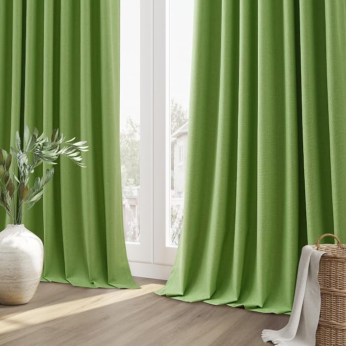 Guken Lime Green 100% Blackout Linen Curtains 108 Inch Length 2 Panels Set for Living Room Bedroom Back Tab/Rod Pocket Thermal Insulated Farmhouse Black Out Drapes Room Darkening,52x108