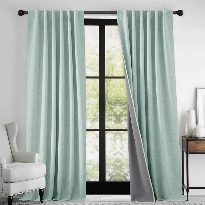 RYB HOME 100% Blackout Linen Textured Curtains 84 inches Long, Thermal Insulating Privacy Energy Saving for Bedroom Living Room Window Office Theater Baby Nursery, W 52 x L 84 in, Aqua, 2 Panels