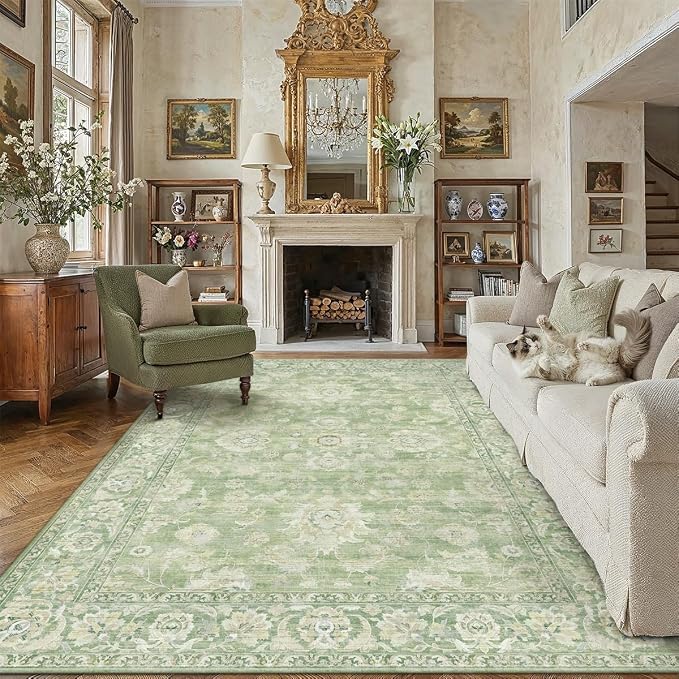 9x12 Green Area Rug for Living Room Bedroom Neutral Floral Soft Non Slip Rug Low Pile Distressed Large Carpet for Dining Room Nursery Office Indoor