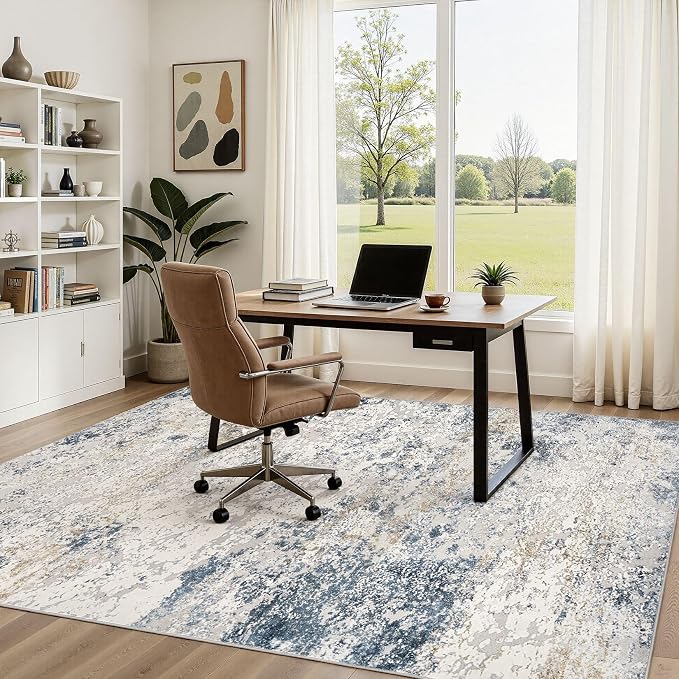 DMOYEST Area Rug Living Room Rugs - 6x9 Abstract Large Soft Indoor Washable Rug Neutral Modern Low Pile Carpet for Bedroom Dining Room Farmhouse Home Office - Beige Blue