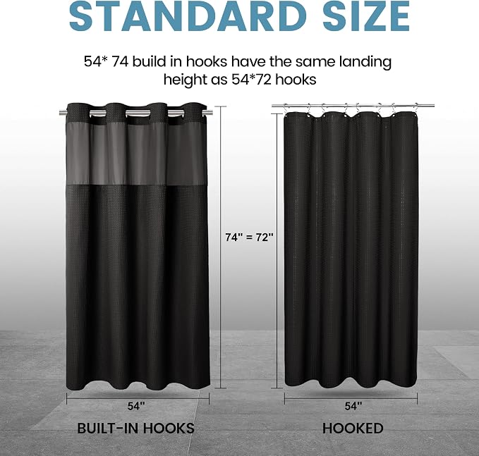 EUTXL Heavyweight Stall No Hook Shower Curtain with Snap in Liner,256GSM Waffle Weave Shower Curtains for Bathroom,54W x 74H,Black