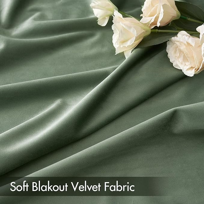 MIULEE Sage Green Blackout Velvet Curtains Drapes 90 Inch Long 52"x90" | Luxurious Bedroom Living Room Decor, Room Darkening, Thermal Insulated, Rod Pocket Design, Super Soft Fabric