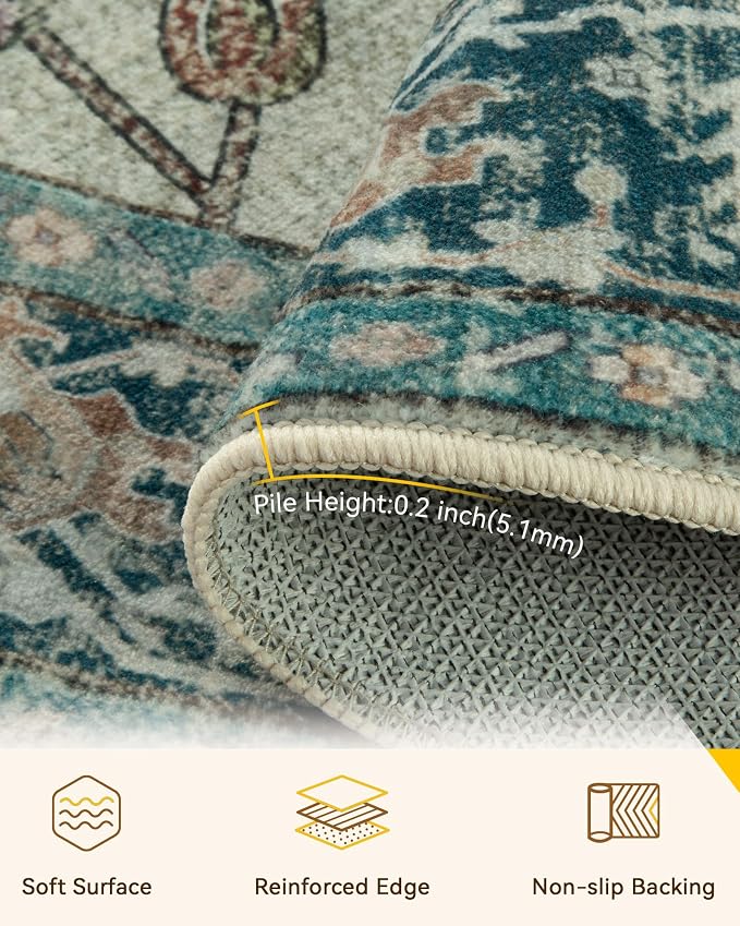 RELEANY Area Rugs Round 5ft Washable Non-Slip, Floral Vintage Distress Medallion Carpet for Living Room Bedroom Dining Room, Dark Blue Vintage
