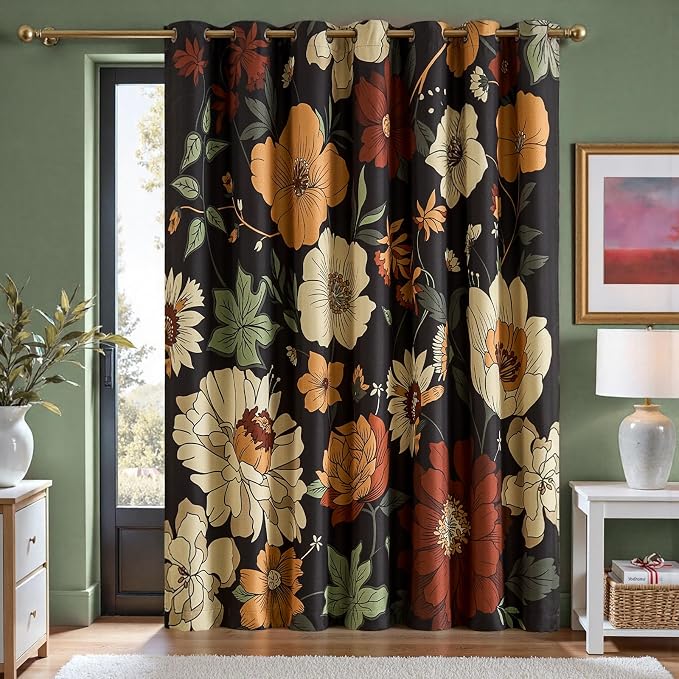 jinchan Black Boho Floral Blackout Curtains W100xL84 Grommet 1 Panel | Room darkening, Vintage, living room, bedroom, privacy, floral print, flower pattern, fall decor, window treatments