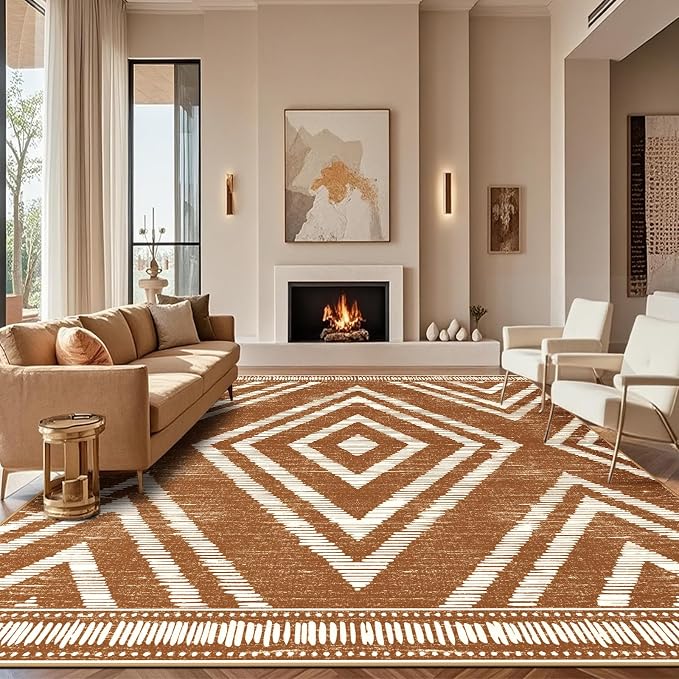 Boho Washable Area Rugs 9x12ft for Living Room, Large Soft Bedroom Rug Non Slip, Low Pile Brown Moroccan Floor Carpets for Dining Room Nursery Playroom Home Office