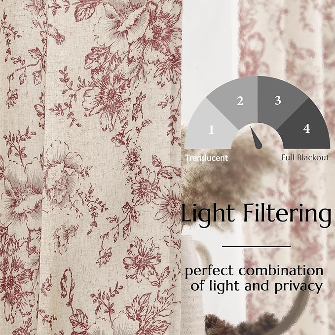 jinchan Red Floral Linen Curtains Lined 84 Inch Farmhouse Back Tab 2 Panels | Privacy lining, light filtering drapes, vintage, cottagecore, french country, rustic, bedroom, living room, window treatment