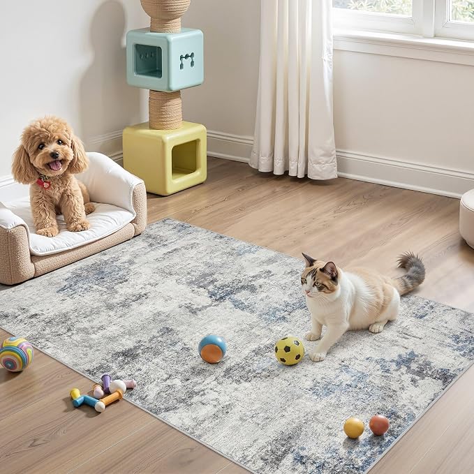 DMOYEST 3x5 Area Rug - Washable & Non Slip Living Room Rug, Ultra Soft Abstract Low Pile Carpet, Kid & Pet Friendly Modern Decor for Bedroom and Home Office - Grey Blue