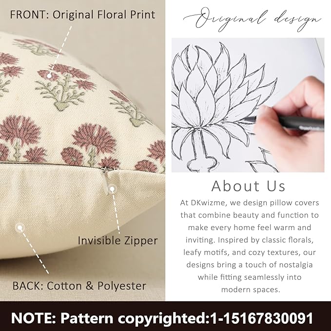 Farmhouse Floral Pillow Covers 16x16 Set of 2, Country Botanical Throw Pillow Cover for Sofa Couch Bed Living Room, Rustic Vintage Flower Cushion Covers Cottage Home Decor,Rust Meadow