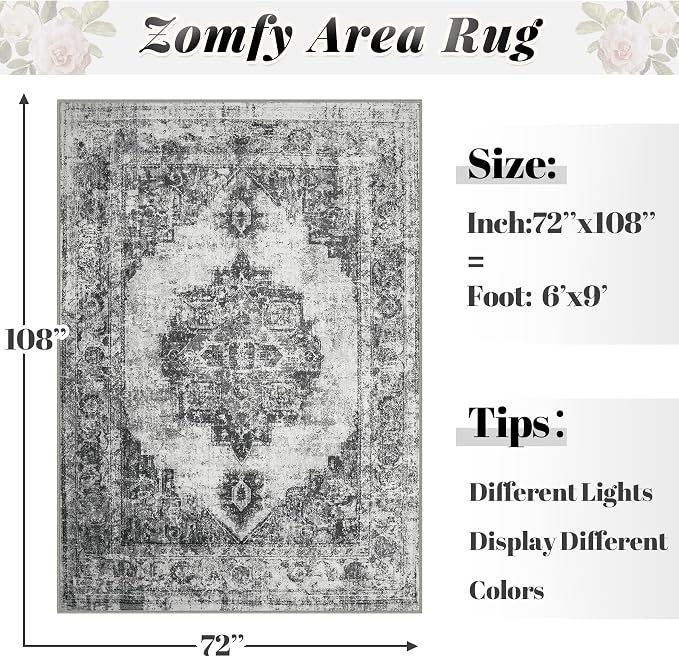 Area Rug 6x9 Vintage Rugs: Washable Indoor Medallion Rug Low Pile Distressed Floor Carpet Retro Accent Rugs for Living Room Bedroom Kitchen Dining Table Home Office(Black, 6'x9')