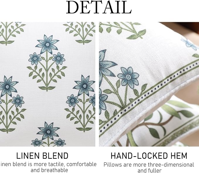 ISAENNE Designer Linen Throw Pillow Cover,Set of 2,18"x18"-Mosella B | Vintage Elegant Square Decor Pillow Cover,Concealed Zipper Design,Floral Pattern,Sofa,Bedroom,Living Room,Lounge Chairs
