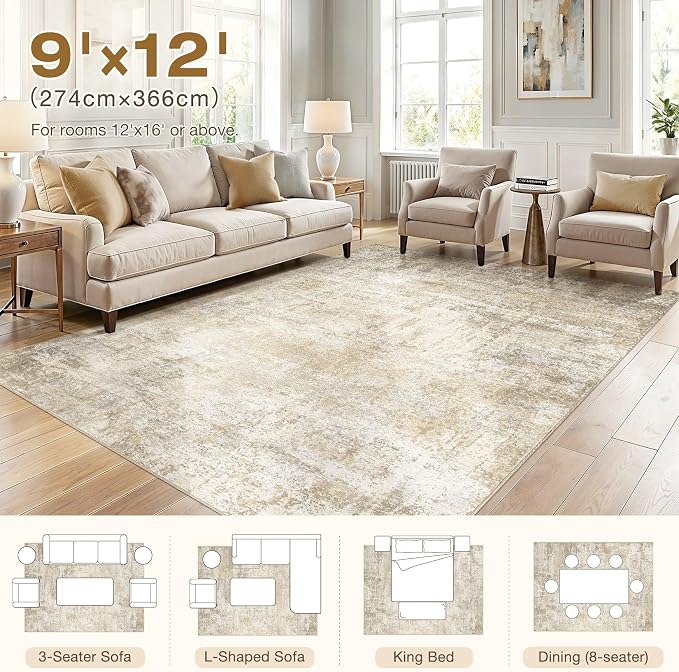 cotiled 9x12 Rugs for Living Room Abstract Soft Non Slip Washable Area Rug | Stain Resistant, Robot Vacuum & Pet Friendly, Low-pile, For Living Room, Bedroom, Dining Table, Nursery Beige