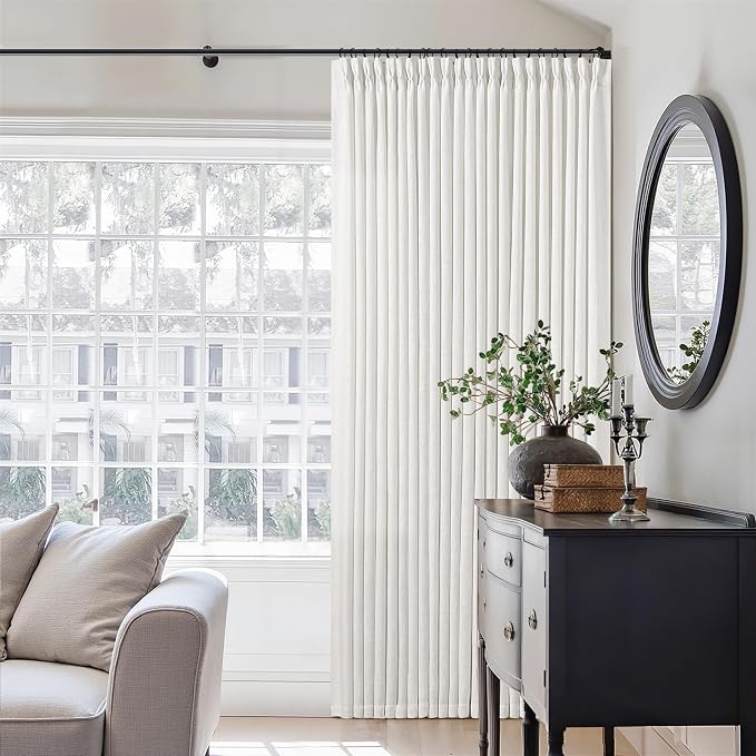 Ivory White Extra Wide Pinch Pleat Linen Curtains 84 Inches Long for Living Room Sliding Glass Door 100 Inch Wide Curtain Memory Trained Pleated Drape with Hooks Rings 100x84 Large Window Curtain