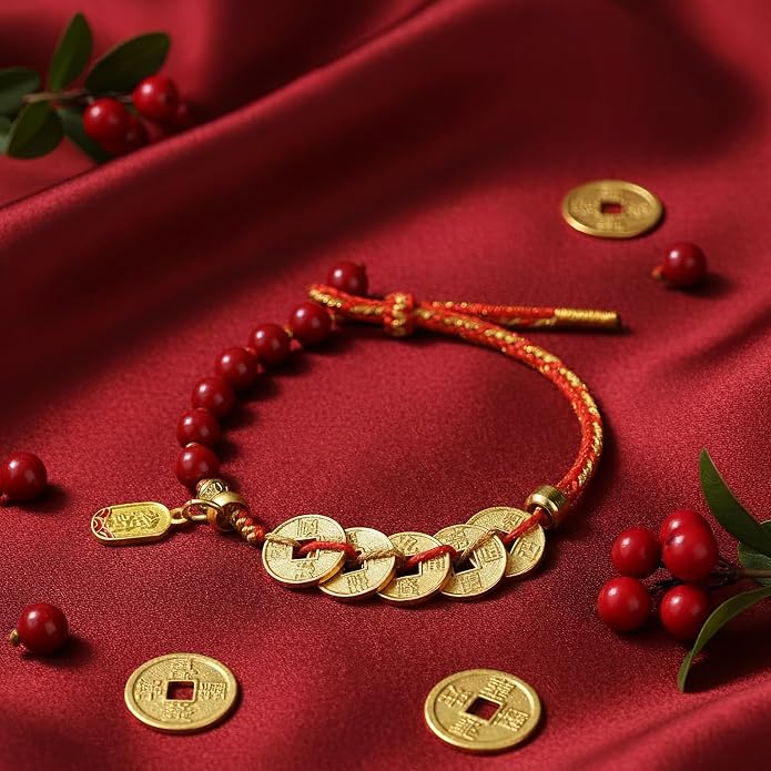 Feng Shui Cinnabar Bracelet - Five Emperor Coins Wealth Amulet - Red String Protection Jewelry for Women & Men - Good Luck Money Coin Beaded Adjustable Gift