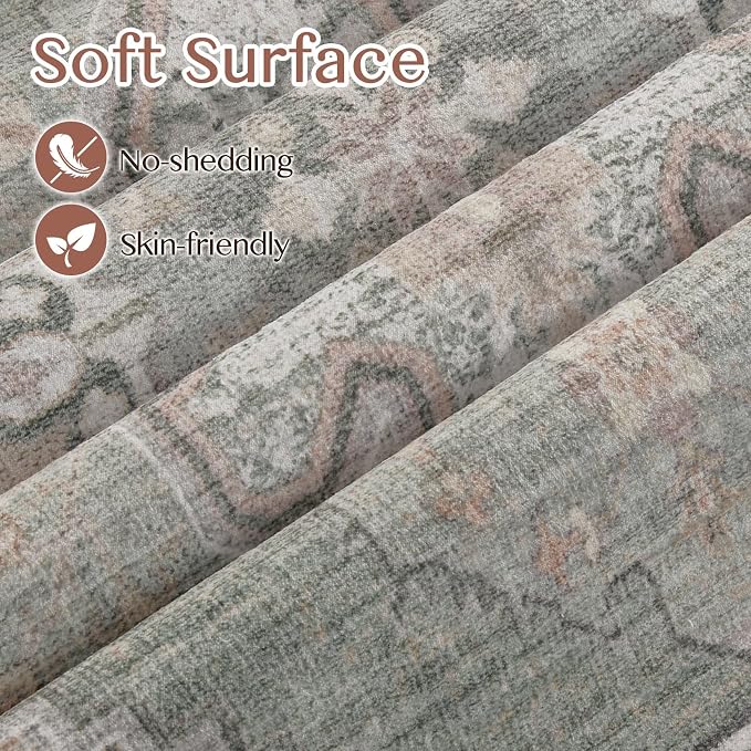 Tortania Area Rug Living Room Rugs - 3x5 Washable Rug Vintage Oriental Distressed Farmhouse Small Thin Indoor Carpet for Living Room Bedroom Under Dining Table Home Office - Green Gray