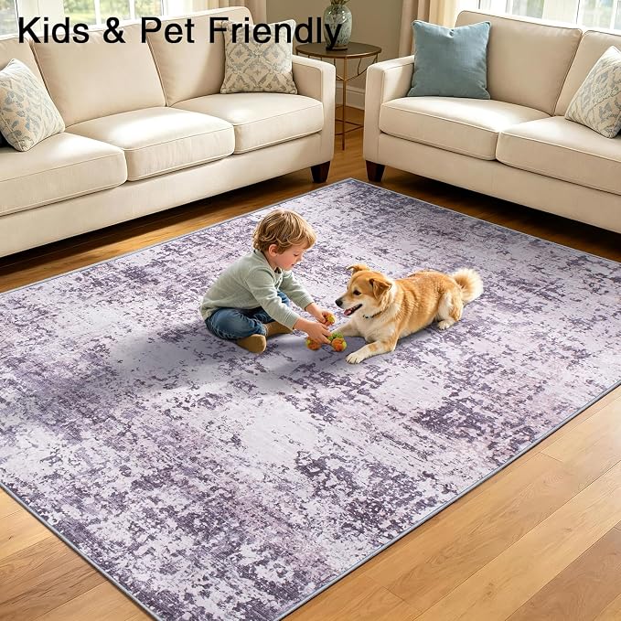 9x12 Area Rugs Living Room Rug Abstract Washable Rug Non-Slip Soft Low Pile Indoor Floor Stain Resistant Thin Carpet for Bedroom Dining Room Home Office Farmhouse Nursery - Dusty Blue & Cream 9' x 12'