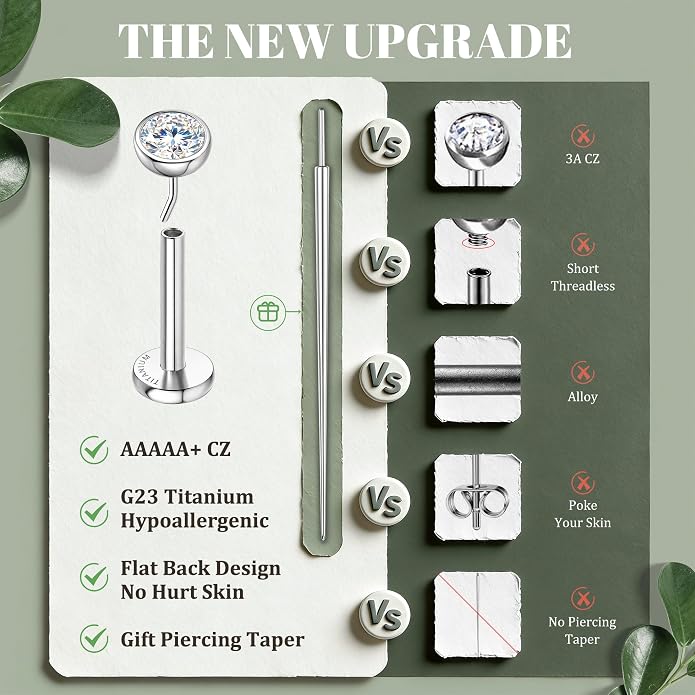 GEMQUEEN 4 Pairs 16G/18G/20G G23 Titanium Implant Grade Nose Studs Threadless Flat Back Earrings Hypoallergenic Flatback 5A CZ Cartilage Helix Tragus Conch Tiny Lip Piercing Jewelry for Women Men