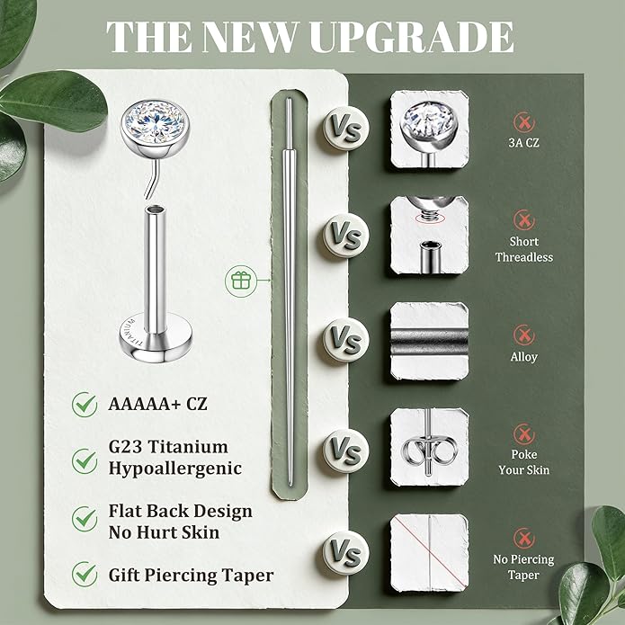 GEMQUEEN 4 Pairs 16G/18G/20G G23 Titanium Implant Grade Nose Studs Threadless Flat Back Earrings Hypoallergenic Flatback 5A CZ Cartilage Helix Tragus Conch Tiny Lip Piercing Jewelry for Women Men