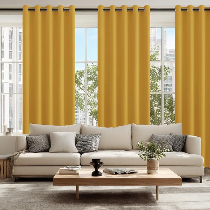 Hiasan Blackout Curtains for Bedroom, 60 x 84 Inches Long - Thermal Insulated & Light Blocking Window Curtains for Living Room, 2 Drape Panels Sewn with Tiebacks, Mustard Yellow